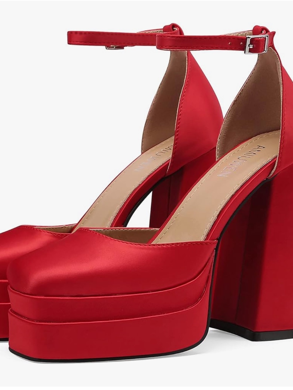 Red Platform Ankle-Strap Block Heel Pumps